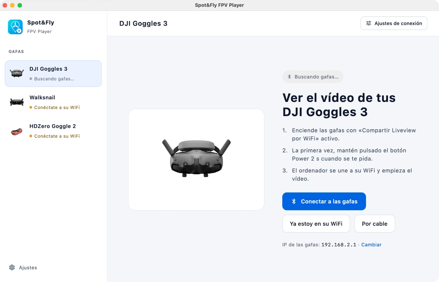 Spot&Fly FPV Player en el ordenador con las DJI Goggles 3 seleccionadas