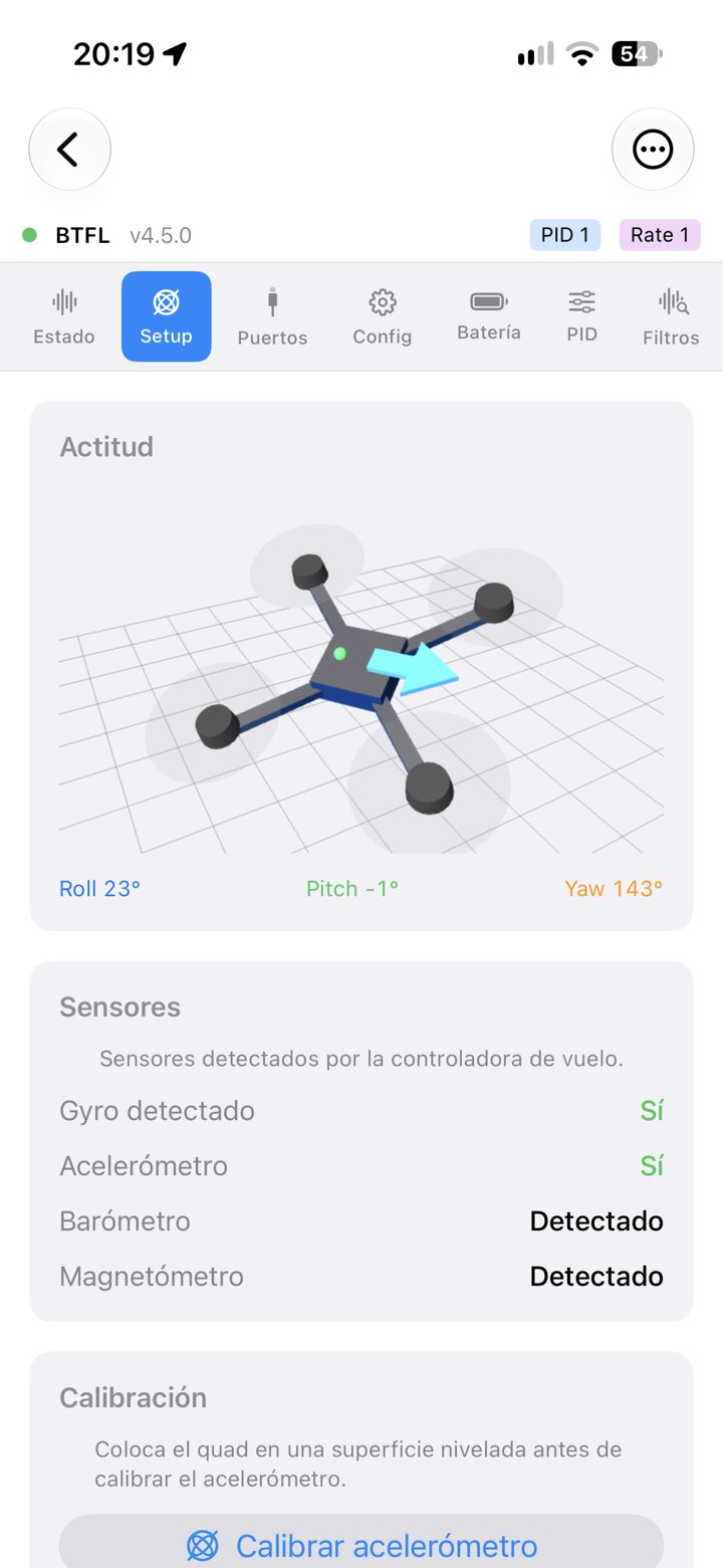 Betaflight: pestaña Setup con el modelo 3D de actitud