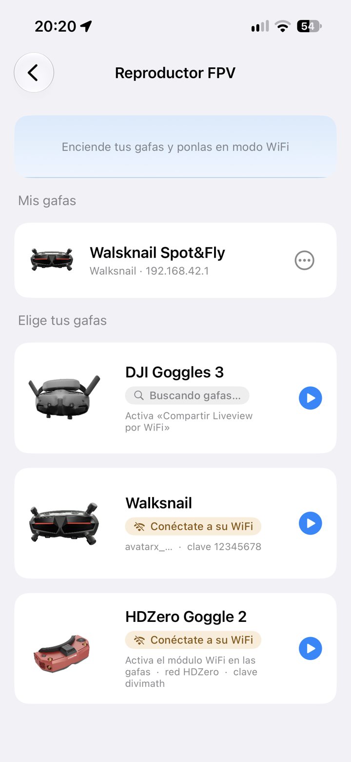 Reproductor FPV con la lista de gafas