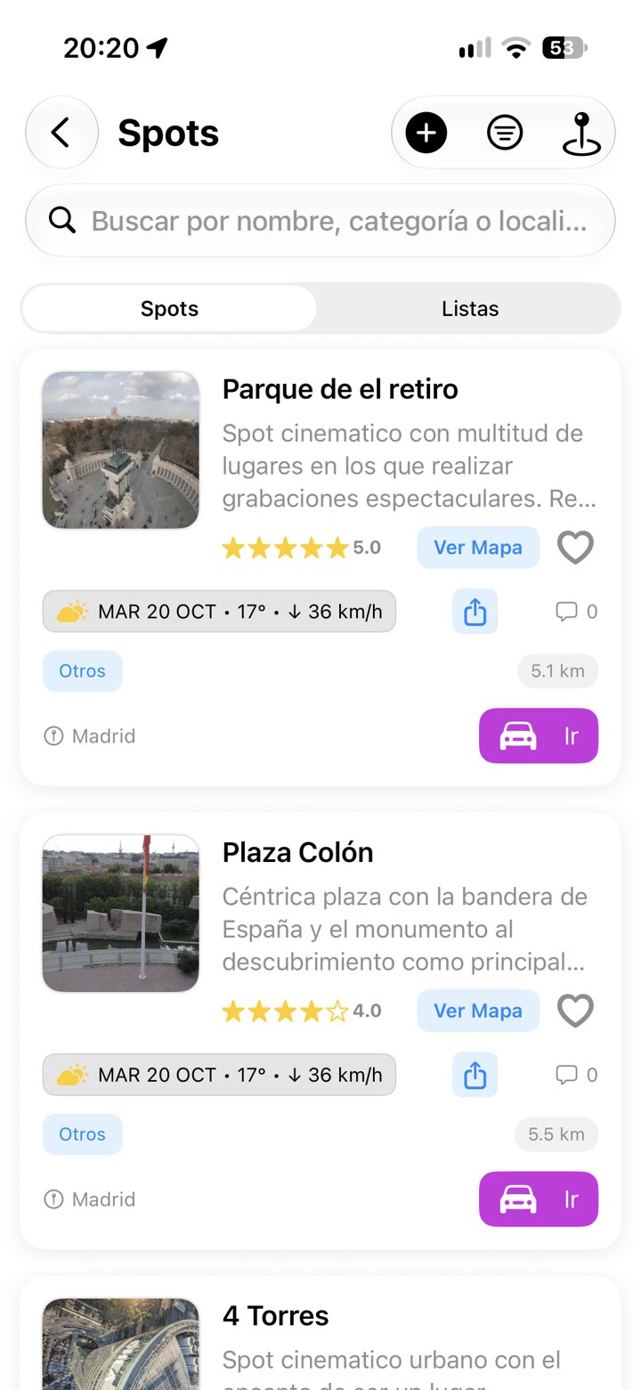 Lista de spots con valoración y tiempo